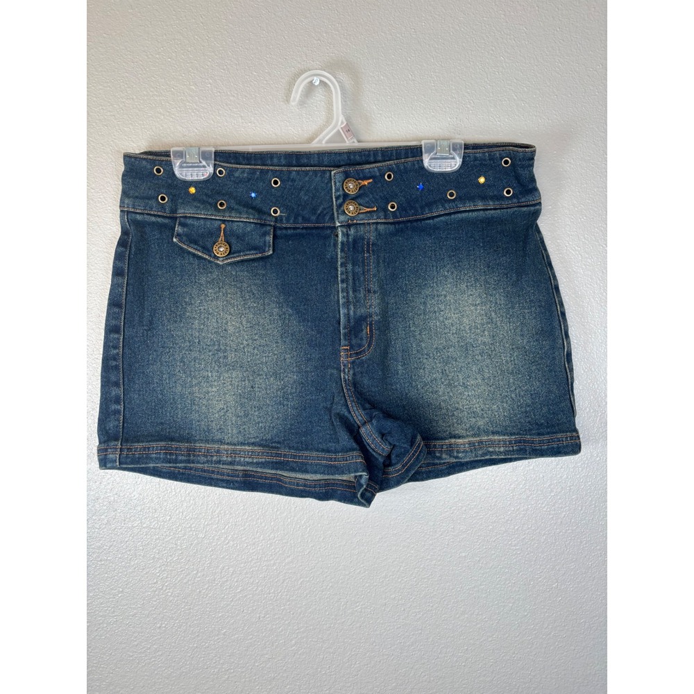 Y2K‎ Route 66 Denim Shorts Size 14 Blue Wash Studded High Waist Retro NWOT